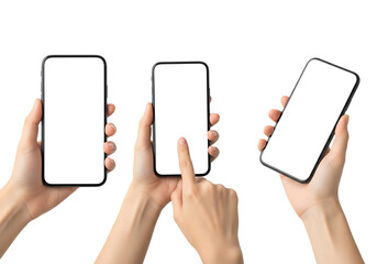 Set of female hands holding and touching smartphones with blank white screens. Isolated on transparent background, png