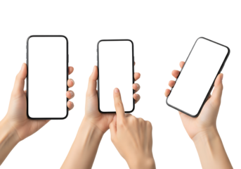 Set of female hands holding and touching smartphones with blank white screens. Isolated on transparent background, png