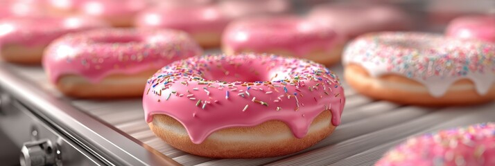 Colorful donuts cooling on a tray in a bakery setting during morning hours with sprinkles and icing