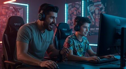 Obraz premium Connected in Gaming: A father and child share a moment of joyful collaboration while engaging in a shared gaming experience, illuminated by a vibrant monitor.