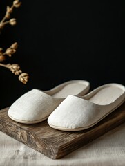 Elegant White Linen Slippers on Rustic Wooden Board, Minimalist Home Decor