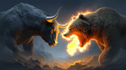 Epic battle between bull and bear with fire and smoke symbolizing stock market conflict and financial power