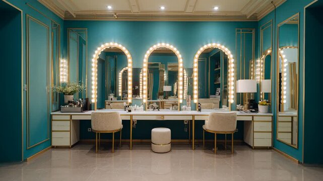 Luxurious makeup room with illuminated mirrors, teal walls, elegant chairs and modern vanity beauty interior