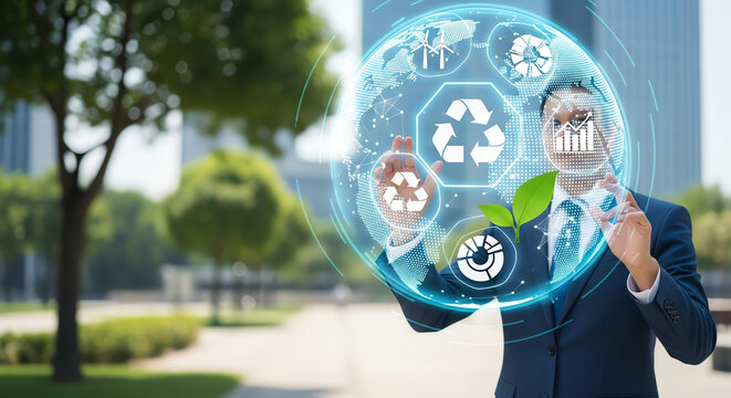 Businessman using digital interface for sustainability analytics
 - Powered by Adobe