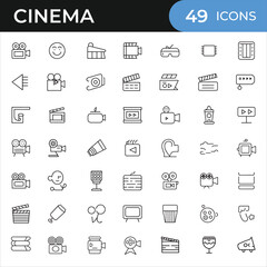 Cinema Line Icons Collection. Vector Set of Film, Theater, Movie Camera, Director, Ticket, Clapperboard, 3D Glasses, Popcorn and Entertainment Symbols.