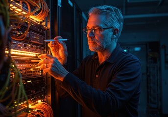 Experienced technician carefully inspects complex network cabling infrastructure with glowing orange wires in a dimly lit server room environment