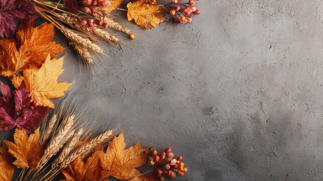 Autumnal leaves, wheat, berries cascade over a gray background with soft lighting effects