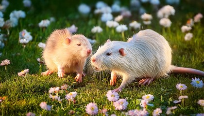 two tiny brown nutria on a flowered green lawn munching wild portrait albino muskrat