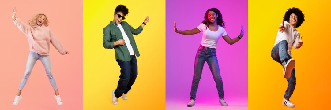 A diverse group of individuals joyfully dances across a colorful backdrop. Each person exhibits unique fashion styles, embodying a lively spirit