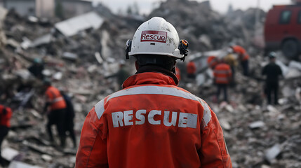 Rescue worker at disaster site. Showing the back of a man in safety gear, with rubble and other rescuers in the background. Emergency response in action.