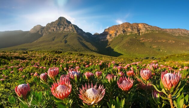a field of blossoming proteas south africa s national flower amid green hills