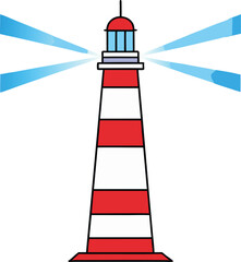 A vector illustration of a red and white industrial lighthouse and tower with a chimney on the coast