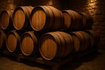 Stacked wooden barrels in a cozy cellar, illuminated by soft lighting, highlighting textures and craftsmanship of the barrels