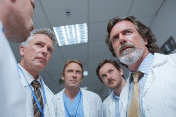 Two experienced doctors discuss a patient's case while walking together in the brightly lit hospital corridor to improve diagnosis and treatment
