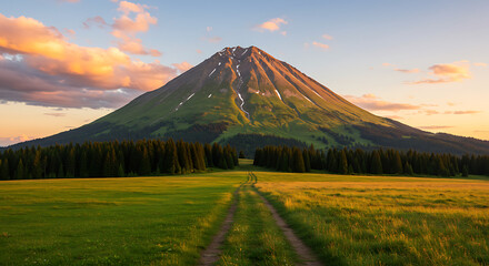 Fototapeta premium Majestic Mountain Peak Under Golden Sunset A Serene Vista of Untouched Nature and Breathtaking Alpine Scenery