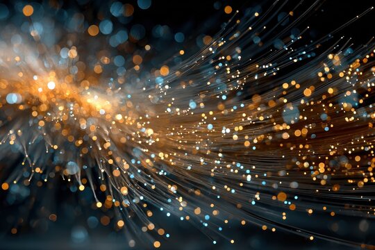 Close up view of fiber optic cables creating an abstract pattern with glowing ends, against a teal and blurred background - Powered by Adobe