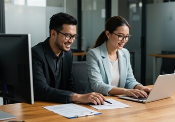 Two smiling professionals collaborate effectively on a project working together at a desk with laptops and documents in a modern office setting