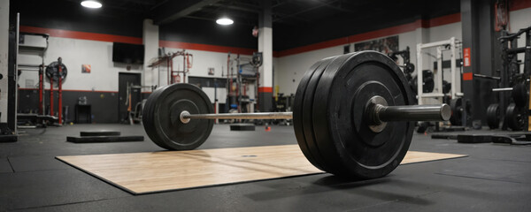 Barbell loaded with heavy weight plates rests on wooden platform in empty gym hall. Background shows various gym equipment, rack cages, dumbbells, suggesting fitness training, bodybuilding, strength