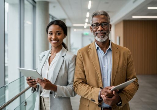 Diverse professional colleagues smiling together holding tablets in a modern office building hallway
