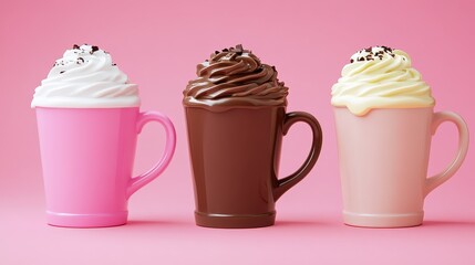 Three Colorful Cups of Creamy Whipped Topping Against Pink Background