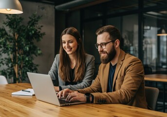 Focused business professionals collaborating on a laptop project at a modern office workspace table