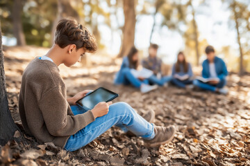 Learning outside the frame ,a teenage boy studies with a tablet in a sun-dappled forest classroom, where nature blends with technology and focus finds new ground.