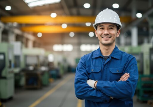 Smiling asian male worker wearing a white hard hat and blue work uniform stands confidently in a factory setting