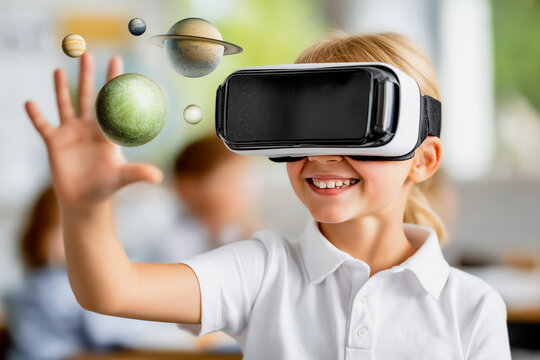 Playful discovery ,a Gen Alpha schoolgirl uses VR goggles to explore a virtual galaxy, blending joy and science in one bright leap toward immersive education.