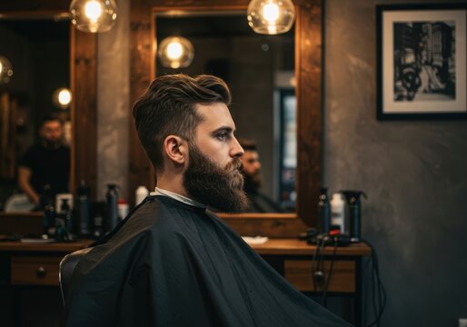 A stylishly groomed man with a full beard sits patiently in a classic barber shop waiting for a haircut