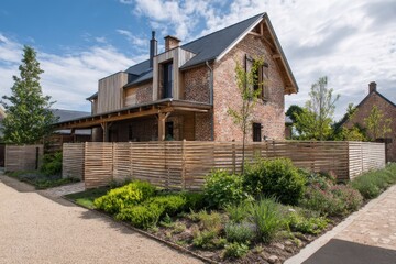 Modern brick house blends rustic charm with contemporary design, surrounded by lush greenery and wooden fencing in a serene residential neighborhood during a sunny day