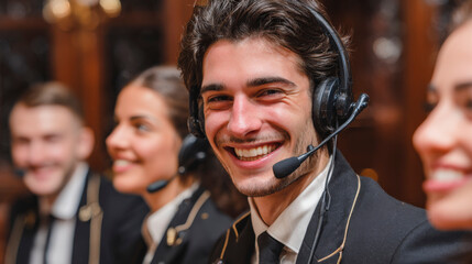 A man wearing a headset and smiling at the camera