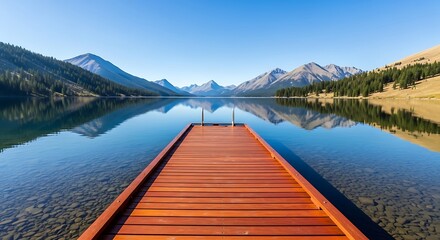 Fototapeta premium Long Brown Dock over Mirror-Like Lake Surface with Clear Reflections and Natural Horizon