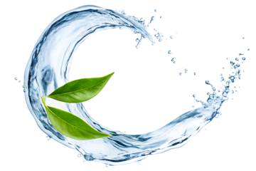 Clear water splash green leaves isolated on a transparent background