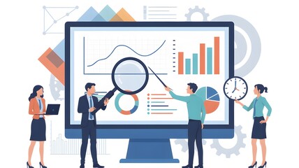 Fototapeta premium Team analyzing data on large monitor with charts graphs and magnifying glass in a business setting scene