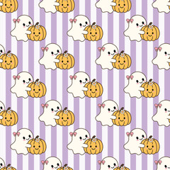 Cute Ghost Hugging Pumpkin vector illustration. Halloween theme. seamless pattern. purple stripes background.