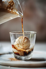 A close-up shot of rich, dark espresso being poured over a scoop of vanilla ice cream.