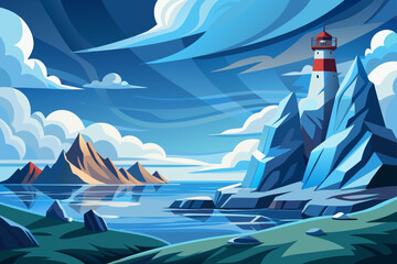 Cloudy View Of A Glacier With A Lighthouse