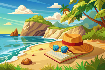 Obraz premium vector of A book and a straw hat and sunglasses are displayed on a large rocky cliff near the ocean on a sunny day by the beach...