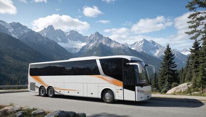 Modern white tour bus parked roadside with majestic snow-capped mountains and pine forests in background. Scenic lookout offers breathtaking views. Ideal for travel and vacation themes.