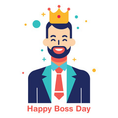 Happy boss day illustration featuring a smiling man wearing a golden crown and a formal suit with a red tie celebrating leadership and appreciation isolated on white background
