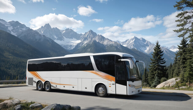 Modern white tour bus parked roadside with majestic snow-capped mountains and pine forests in background. Scenic lookout offers breathtaking views. Ideal for travel and vacation themes.