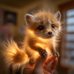 An adorable fantasy art piece of a tiny, glowing fox cub with fluffy fur and bright eyes.