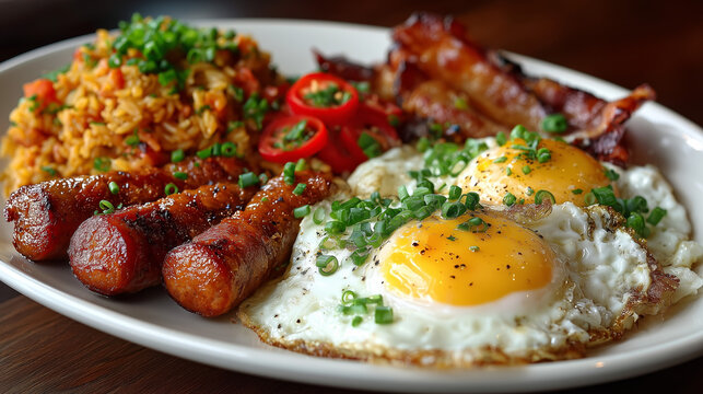 Hearty Filipino breakfast featuring fried eggs, sweet longganisa sausages, crispy bacon, garlic fried rice, and fresh green onions.