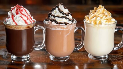 Three Delicious Hot Chocolate Varieties with Toppings and Whipped Cream