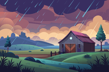 Rainy View Of A Prairie With A Barn