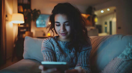 A young woman relaxing at home at night, engrossed in her glowing digital tablet.