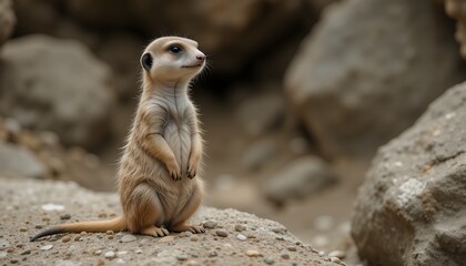 Fototapeta premium Meerkat standing alert on guard duty in the wild desert watching carefully