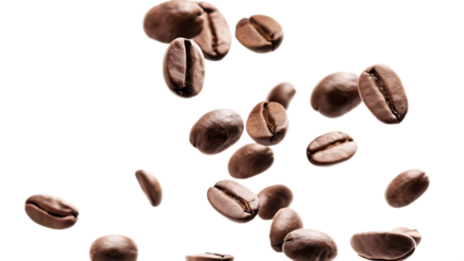 Coffee beans falling brown isolated on a transparent background