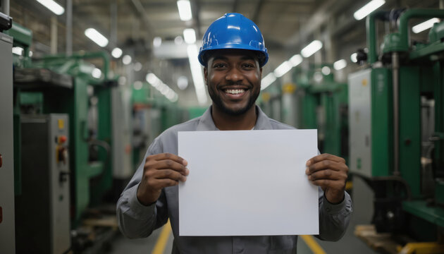Happy African factory worker in blue helmet holds blank paper in plant. Smiling man represents labor, profession, occupation, job, skill, expertise, service, teamwork, success.