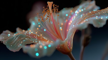 Macro closeup of ethereal flower with glowing fiber optic filaments blending nature and digital light technology